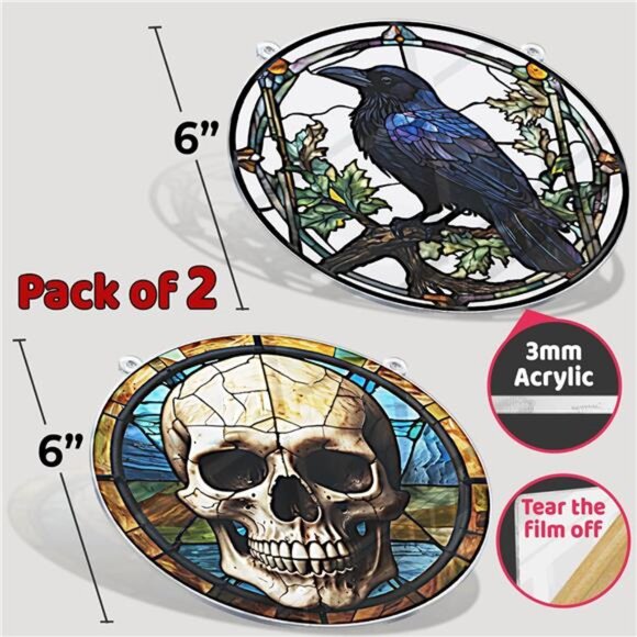 2 Suncatcher for Window Hanging Skull and Crow Acrylic...